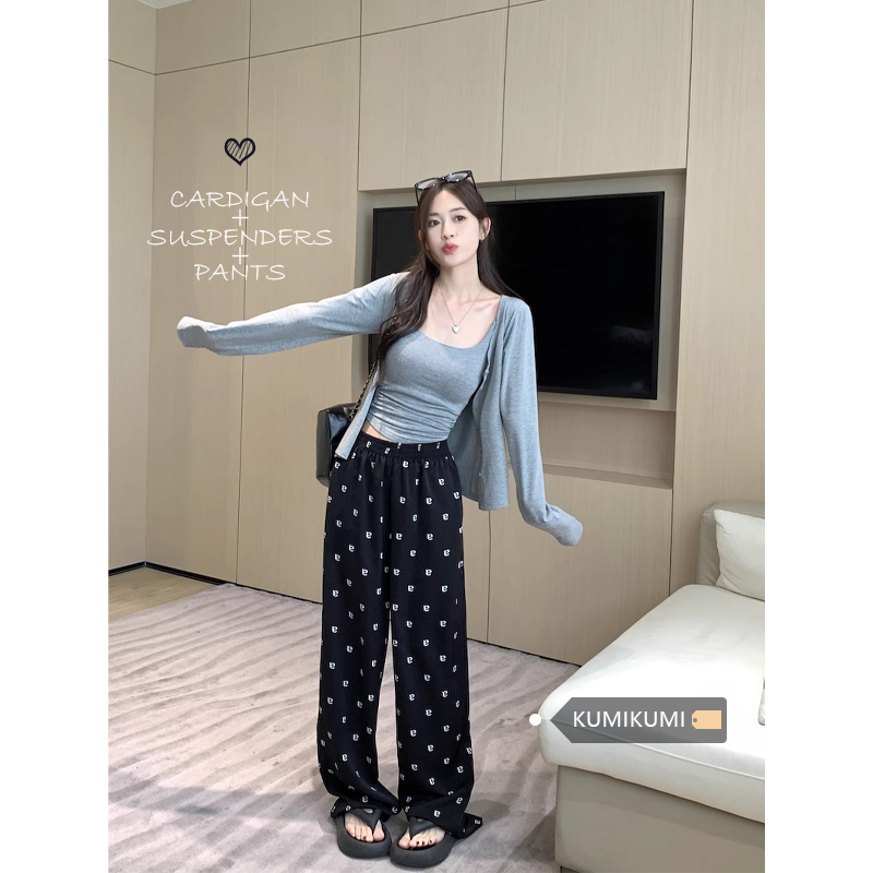 캐주얼 스트레이트 와이드 레깅스 바지 봄 가을 새로운 다용도 프린트 루즈핏 슬림해 보이는 바닥 청소 바지