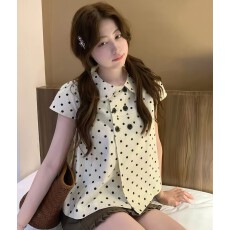 批发夏季新款法式双排扣波点女衬衫设计感洋气俏皮短袖上衣