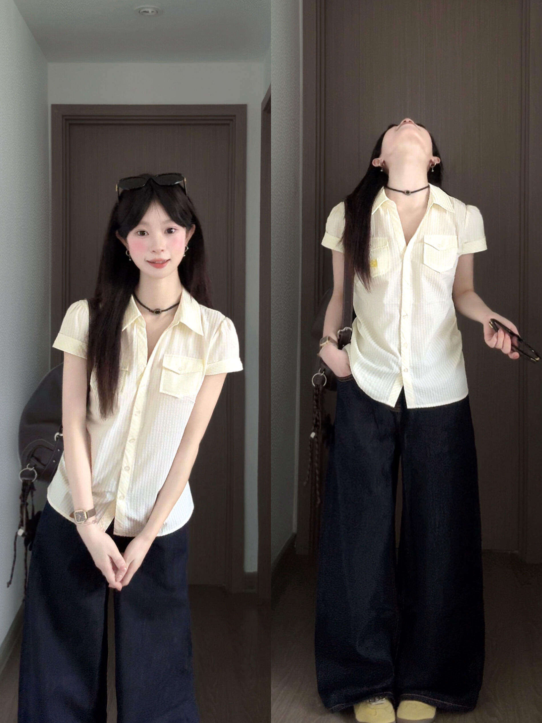 한 부서 미니멀리즘 폴로 칼라 반팔 여성 셔츠 여름 품격 몸매 가꾸기 슬림해 보이는 캐주얼 패션 맨위