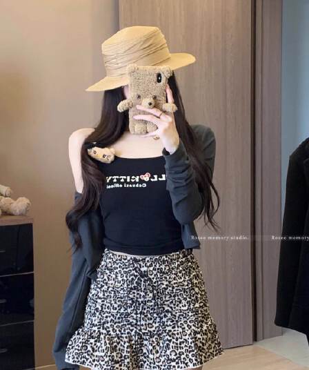 원본 레오파드 무늬 원단 아메리칸 핫걸 레트로 레오파드 무늬 프릴 반신 스커트 봄 Chic A라인 스커트 미니 스커트