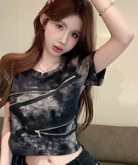 210 그램 40 좋은 면 당겨서 긍정적 인 어깨 반팔 티셔츠 여성 레트로 작은 대중 몸매 가꾸기 핫걸 작 은 흐름 헤일로 염료에 의류 여성