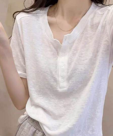 눈꽃 면 주간 고양이 흔들어서 톤 품질 캐주얼 화이트 반팔 티셔츠 여성 여름 단추 다용도 연령 감소 슈퍼 화재로 의류