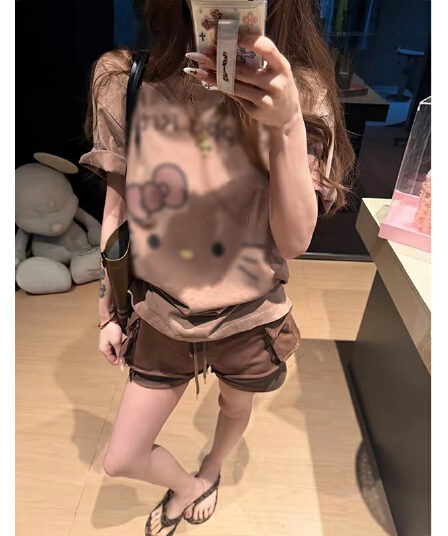 대나무 마디 면 만화 슈퍼 귀여운 고양이 프린트 레트로 티셔츠 여성 느긋한 바람 루즈핏 반팔 티셔츠 맨위