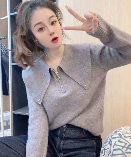 폴로 칼라 풀오버 회색 스웨터 여자 2026 새로운 가을 착용 가져 가라. 루즈핏 쇼트 스타일 인사이드 가져 가라. 만나는 니트 스웨터 맨위