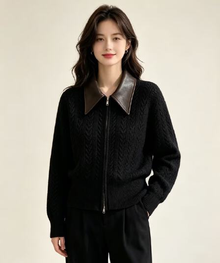 여성 의류 polo 가죽 고리 패치워크 니트 오픈 가디건 여성 루즈핏 다용도 캐주얼 재킷 슬림해 보이는 트렌디