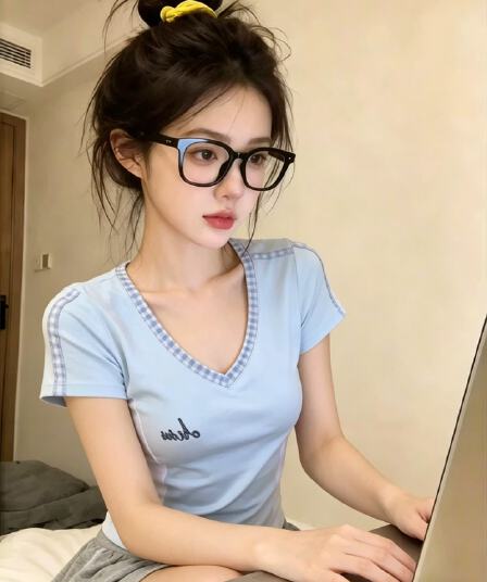 40 모방 면 리브 한 부서 블루 화이트 배색 체크무늬 V넥 긍정적 인 어깨 반팔 티셔츠 여성 몸매 가꾸기 쇼트 스타일 맨위