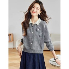 批发立体<b class='q'>花朵</b>拼色翻领针织开衫女2026新款春秋超好看外搭短款毛衣外套