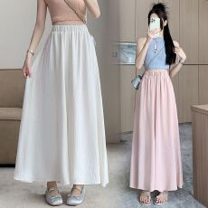 批发【四色<b class='q'>冰</b><b class='q'>丝</b>皱+内衬裙裤女夏松紧腰垂坠感显瘦大摆裙A字长裙休闲裙