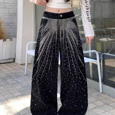 批发【<b class='q'>镶钻</b>】水洗满天星烫钻<b class='q'>牛仔裤</b>女街头直筒宽松显瘦阔腿坠感长裤