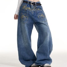 批发美式复古辣妹重工字母<b class='q'>烫钻</b><b class='q'>牛仔裤</b>子女设计感小众拖地阔腿长裤