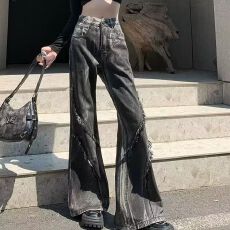 批发微喇<b class='q'>牛仔裤</b>女2025年秋冬季新款高腰显瘦修身女士毛边<b class='q'>喇叭</b>马蹄裤子