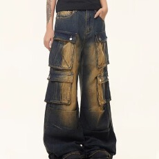 批发复古废土风牛仔裤男女显瘦阔腿美式多口袋小众设计感工装<b class='q'>裤子</b>嘻哈