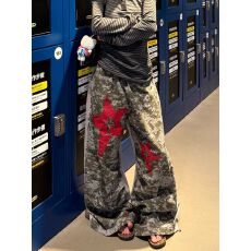 批发美式<b class='q'>街头</b>迷彩休闲裤女秋季星星印花阔腿裤子bf宽松拖地长裤