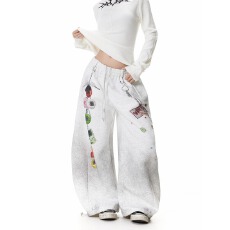 批发美式<b class='q'>街头</b>做旧趣味涂鸦弯刀休闲卫裤男女复古宽松阔腿设计感长裤潮