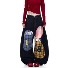 批发美式雀斑格子贴布刺绣牛仔裤<b class='q'>男</b>女cleanfit廓形宽松高街情侣阔腿裤