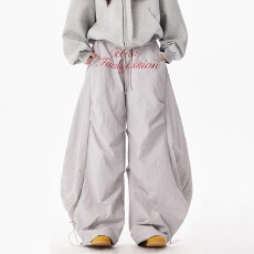 批发美式复古字母棉裤<b class='q'>男</b>女冬季设计感加绒加厚弯刀裤宽松褶皱阔腿<b class='q'>裤子</b>