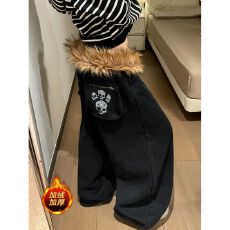 批发【毛领可拆立体口袋带拉链加绒】加绒男女<b class='q'>秋</b>冬宽松休闲裤阔腿长裤