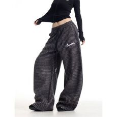 批发好质量（原版起版条纹运动休闲裤女<b class='q'>冬</b>季加厚宽松阔腿弯刀慵懒卫裤