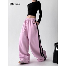 批发少女系粉色运动裤女2025秋装新款高腰韩系穿搭宽松学生阔腿休闲裤