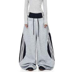 批发好质量原版起版加绒假两件条纹拼接弯刀裤<b class='q'>女</b>加绒双腰头阔腿<b class='q'>裤</b>