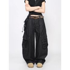 批发美式高街高级感大口袋工<b class='q'>装</b>牛仔裤男<b class='q'>女</b>设计感宽松阔腿弯刀裤