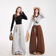 批发新款阔腿裤女<b class='q'>春</b>秋2025新款垂感宽松慵懒黑白条纹休闲直筒运动裤