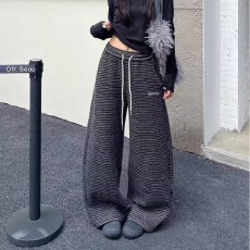 批发新款阔腿裤女<b class='q'>春</b>秋2025新款垂感宽松慵懒黑白条纹休闲直筒运动裤