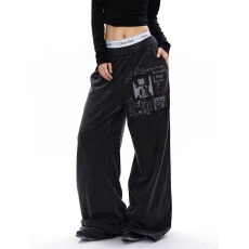 批发新款秋季美式复古做旧印花休闲卫裤男女宽松直筒运动垂感阔腿长裤