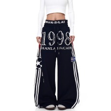 批发侧条纹拼色抽绳休闲<b class='q'>裤</b>女夏季2024新款宽松百搭高腰显瘦阔腿长<b class='q'>裤</b>潮