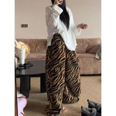 批发美式复古豹纹休闲睡裤抽绳女秋冬保暖宽松显瘦阔腿居家长裤