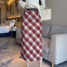 批发复古加厚毛呢格子半身裙秋冬新款高腰显瘦A字气质格纹中长裙