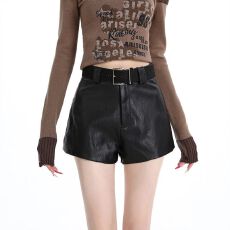 批发pu皮裤短裤女秋冬季小个子外穿高腰显瘦休闲百搭a字阔腿靴裤