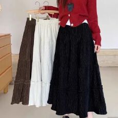 批发秋冬新款木耳花边灯芯绒半身裙女高腰显瘦中长款百褶拼接蛋糕裙子