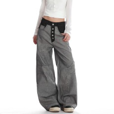 美式单排扣拼接撞色褶皱牛仔裤男女秋冬新款宽松拖地阔腿裤子