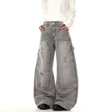 批发美式复古解构廓形做旧弯刀工装牛仔裤男女<b class='q'>春</b>秋宽松脏染伐木裤子