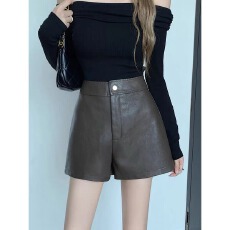 批发黑色PU皮<b class='q'>裤</b>女秋冬辣妹高腰显瘦<b class='q'>气质</b>名媛a字休闲阔腿短<b class='q'>裤</b>外穿靴<b class='q'>裤</b>