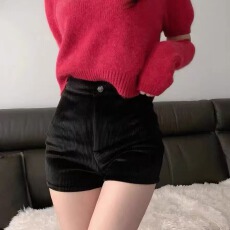 批发黑色灯芯绒<b class='q'>紧身</b>短裤女2025秋冬新款外穿靴裤打底超短裤子