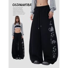 批发美式复古卡通印花黑色运动裤女抽绳宽松阔腿嘻哈爵士hiphop卫裤潮