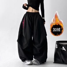 批发美式复古褶皱抽绳伞兵工装裤2025潮大口袋宽松直筒高街跳舞裤子女