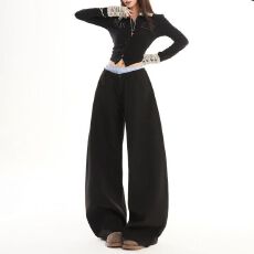 假两件休闲裤中性风蚂蚁拼接双腰头阔腿女弯刀宽松显瘦垂感长裤