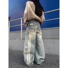 批发美式复古水洗猫须拼接条纹弯刀牛仔裤<b class='q'>女</b>新款宽松直筒阔腿拖地<b class='q'>长裤</b>