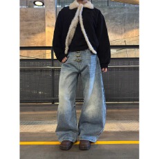 批发美式飞机扣猫须弯刀牛仔裤男<b class='q'>女</b>同款宽松直筒阔腿垂感<b class='q'>长裤</b>潮