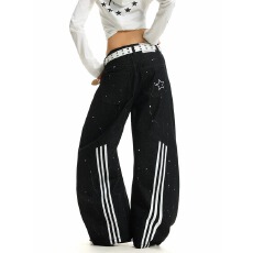 批发美式复古拼接条纹泼墨弯刀牛仔裤男<b class='q'>女</b>宽松休闲水洗做旧设计感<b class='q'>长裤</b>