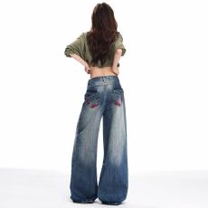 批发美式复古高腰直筒牛仔裤<b class='q'>女</b>春季新款刺绣高街设计感宽松显瘦阔腿<b class='q'>裤</b>