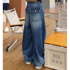 批发美式复古弯刀牛仔裤<b class='q'>女</b>春秋2025年新款大码宽松拼接水洗垂感阔腿<b class='q'>裤</b>