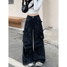 批发美式阔腿高街黑灰色牛仔裤<b class='q'>女</b>春秋嘻哈多口袋bf宽松慵懒风工装长裤