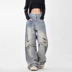 批发美式复古工装牛仔裤<b class='q'>女</b>秋季辣妹高街设计感宽松显瘦高腰直筒阔腿<b class='q'>裤</b>