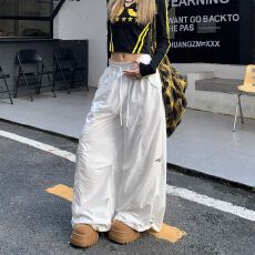 批发原版塔丝隆复合美式廓形松紧腰降落伞<b class='q'>工装裤</b>宽松皱褶口袋休闲裤