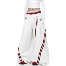 批发美式复古条纹撞色拼接弯刀卫裤男女宽松双腰头阔腿裤潮