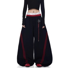 批发美式复古条纹撞色拼接弯刀卫裤男女宽松双腰头阔腿裤潮